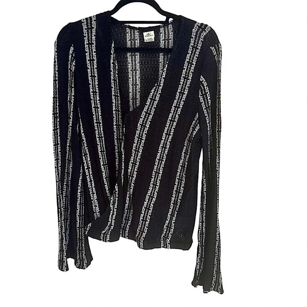 ONEIL Black White Brown Striped Open-Front Knit Cardigan Long Sleeves in Large - Picture 2 of 7